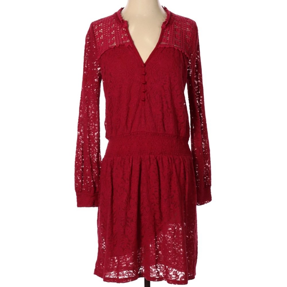 Leifnotes Dress Red Dropwaist LongSleeve Embroidered Detail Sz S #498